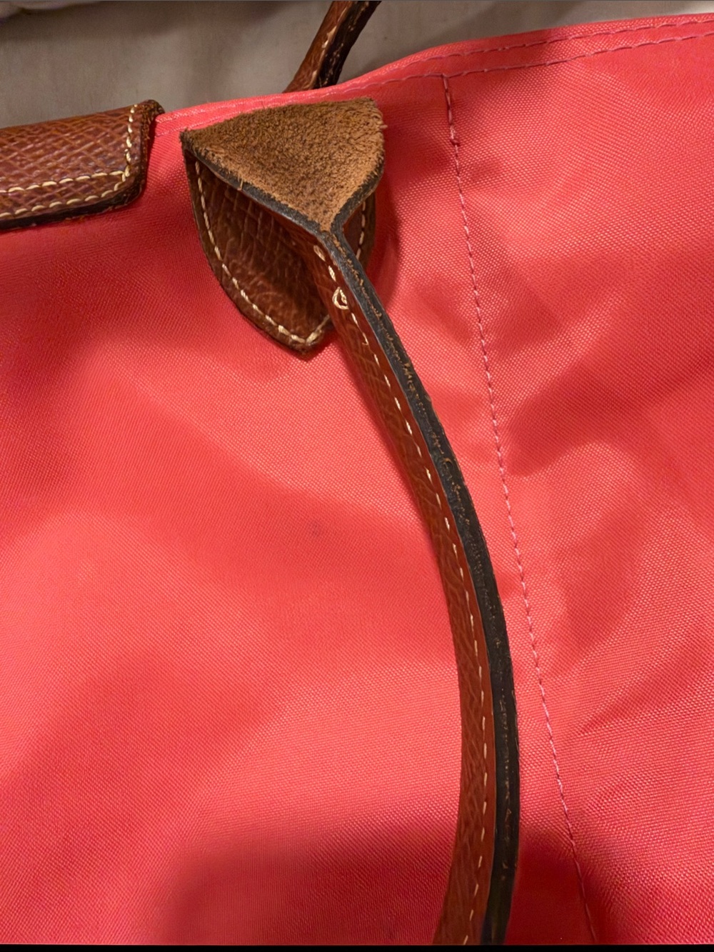 Longchamp Nylon Tote in Coral with Brown Trim - Picture 8 of 12